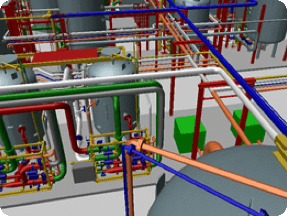 3D rendering of a large industrial plant, showcasing the design and engineering phase of the project