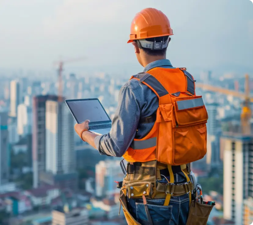 A construction worker on a rooftop uses a laptop, symbolizing innovative and sustainable solutions in construction A construction worker on a rooftop uses a laptop, symbolizing innovative and sustainable solutions in construction